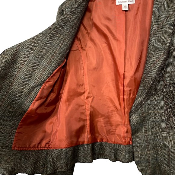 Coldwater Creek Blazer Womens 12 Brown Plaid Floral Open Front Stretch - Picture 6 of 11